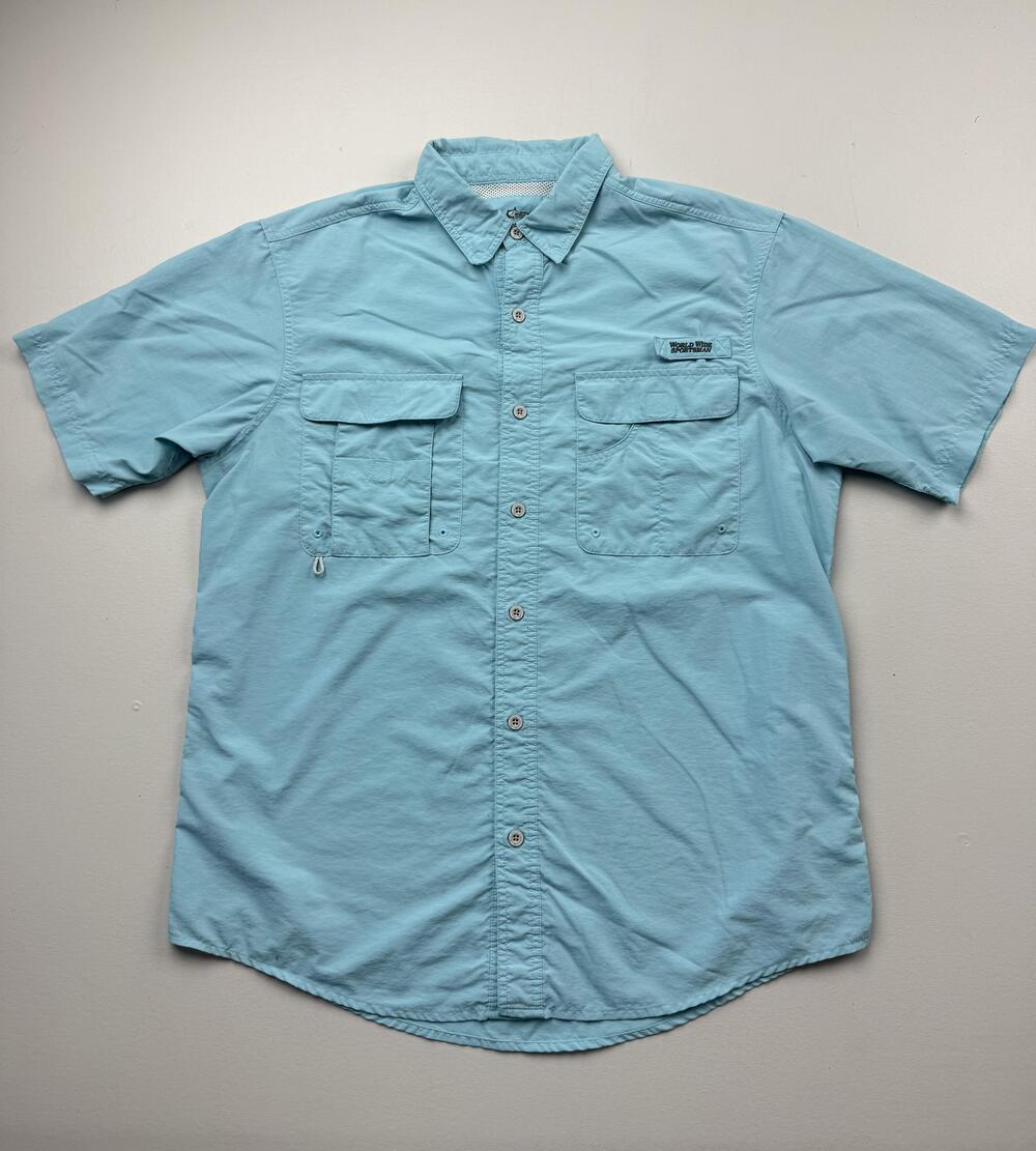 World Wide Sportsman Shirt Mens Large Blue Short Sleeve Fishing Outdoor
